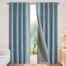 Joydeco 100% Blackout Curtains 108 inches Long Natural Linen Drapes 2 Panels Set Burg for Bedroom Living Room Black Out Darkening Curtain Thermal Insulated Back tab Rod Pocket(52x108 inch,SkyBlue)