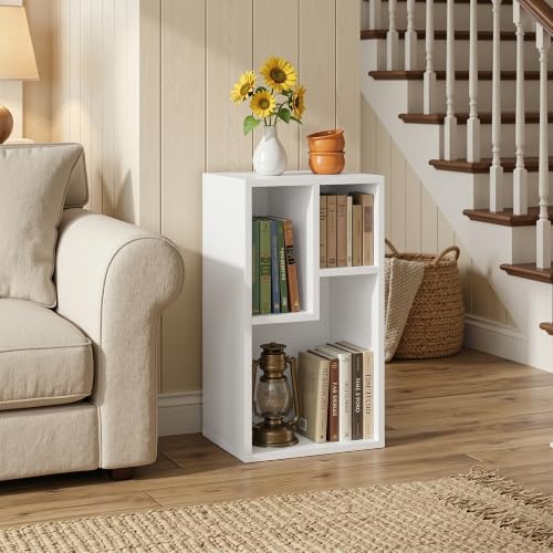 VECELO 2-Tier Bookcase, 3 Cube Wooden Bookshelf with Height Difference Shelves, Floor Standing Storage Display Unit for Living Room, Bedroom, Home Office, 30 x 24 x 54.5 cm, White