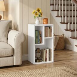 VECELO 2-Tier Bookcase, 3 Cube Wooden Bookshelf with Height Difference Shelves, Floor Standing Storage Display Unit for Living Room, Bedroom, Home Office, 30 x 24 x 54.5 cm, White