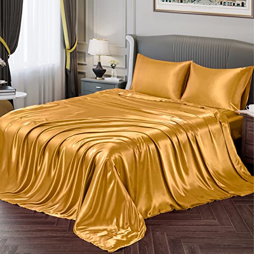 Vonty Silky Soft Queen Size Satin Sheet Set - Yellow Gold, 1 Deep Pocket Fitted Sheet + 1 Flat Sheet + 2 Pillowcases