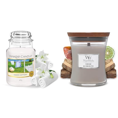 Yankee Candle Scented Candle - Clean Cotton Large Jar Candle & Woodwick Medium Hourglass Scented Candle, Fireside, with Crackling Wick, Burn Time: Up to 60 Hours