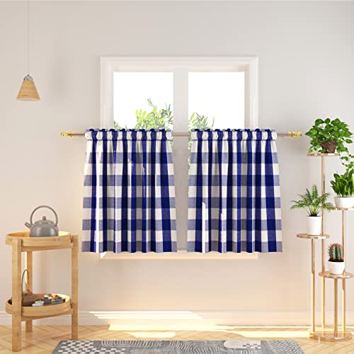 Cafe Curtains 30 inches Long Buffalo Plaid Kitchen Tiers 2 Panels Rod Pocket Gingham Check Short Small Half Window Curtains Bathroom Navy Blue & White