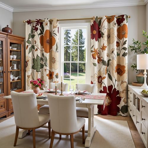 "Lazzzy Floral Curtains for Bedroom Living Room Faux Linen Vintage Blackout Curtains 84 Inches Long Room Darkening Drapes Grommet Flower Patterned Window Treatments Set of 2 Panels, 52"" x 96"", Beige"