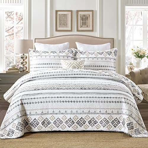 DUOHONG Quilts Queen Size - Queen Quilt Bedspread Sets, 100% Cotton Boho Quilted Bedding Set for Queen Bed, 3 Pieces Bohemian Reversible Striped Lightweight Comforter Bed Spread, White