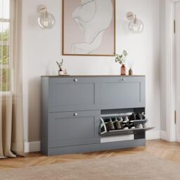 Vida Designs Altino 4 Drawer Shoe Cabinet - Grey & Oak - Space-Saving Storage for 20+ Pairs - 80H x 105W x 23.5D cm - Anti-Tip - Modern Hallway Unit