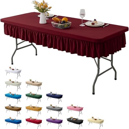 RUOYU 8ft Wine Red Stretch Tablecloth for Rectangular Tables - Flared Wrap Design, Waterproof, Wrinkle-Resistant, Washable - Ideal for Weddings, Parties, Banquets & Table Protection
