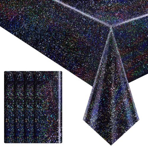 4 Pcs Black Holographic Laser Tablecloth Galaxy Space Table Cloth 40 * 108 Inch Shimmer Star Table Cover for Halloween Birthday Graduation Neon Glow Party Supplies Disposable Plastic Foil Table Decor
