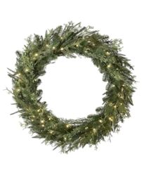 Pre-Lit Natural Fir Wreath, 76 cm – 675 PE Tips, 100 Warm White Micro-Wire LEDs, Battery Box with 8-Function Controller, Timer, 30 cm Lead Wire