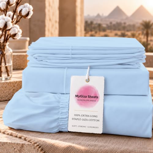 MyGiza Sheets,100% Certified Giza Egyptian Cotton Sheets-California King Size Giza Cotton Sheets Set to Fit Upto 18 Inches Deep Mattress (4 Pcs) Sky Blue