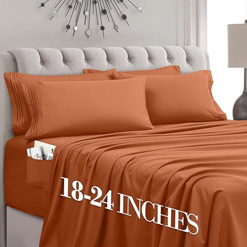 Mocassi Luxury 6-Piece Sheet Set, Ultra Soft 1800 Premium Hotel Quality Microfiber Sheet Set, Fits Mattresses Up to 18 to 24 Inches Extra Deep Pocket - Breathable and Secure Fit, Cal King, Coral
