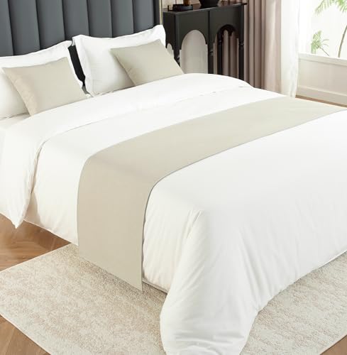 Mengersi Solid Bed Runner Scarf Protector Slipcover Bed Decorative Scarf for Bedroom Hotel Wedding Room (Queen, Beige)