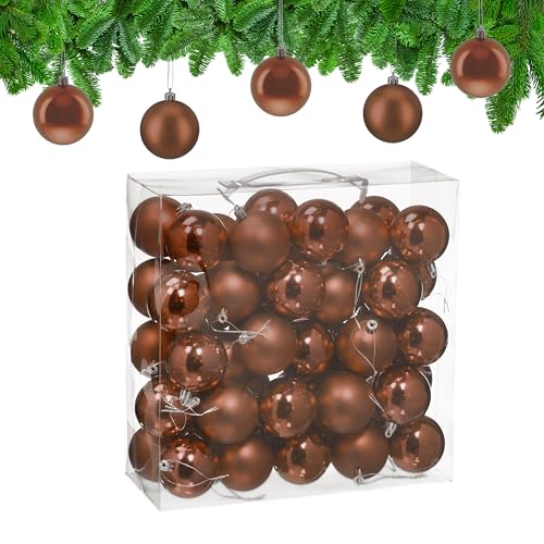 Relaxdays Christmas Baubles, Set of 50, Festive Tree Ornaments, D: 6 cm, Holiday Decorations, Matte & Shiny, Brown