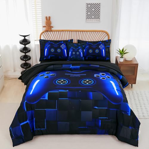PERFEMET Twin Size Bed in A Bag 5 Pieces Gaming Bedding Set for Boys Blue Gamer Comforter with Sheet Set for Kids Teen Cool Video Game Black Quilt Bedding Set(Blue, Twin)
