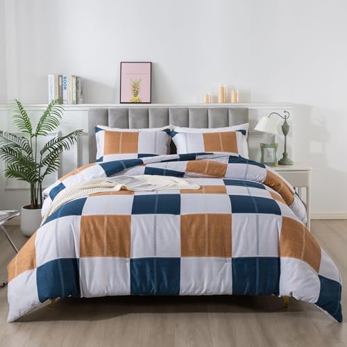 Caressma Plaid Checkered Comforter Set Navy and Gray, Fluffy Geometric Grid Buffalo King Size 3 Pieces Comforter Set with Two Matching Pillow Shams