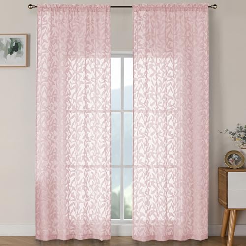 OWENIE Leyna Extra Long Blush Pink Curtains 96 Inches Long 2 Panels Set for Living Room Bedroom, Airy Leaf Clip Jacquard Textured Light Filtering Curtains, Double Rod Pockets Drapes, 40Wx96L Inch
