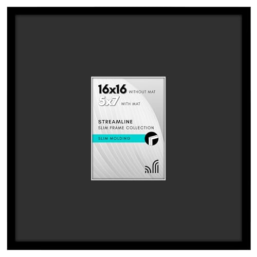 Americanflat 16x16 Picture Frame with Polished Plexiglass - Use as 5x7 Frame with Black Mat or Display 16x16 Photo Without Mat - Streamline Collection - Thin Border Square Frames for Wall - Black