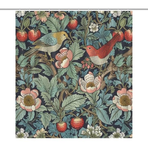 "William Morris Shower Curtain,Original Design Strawberry Thief Green Flower Birds Pattern Print Shower Curtains Sets Polyester Waterproof Fabric Decor Bathroom Curtain 66""??72"" Inch With 12 Hooks"