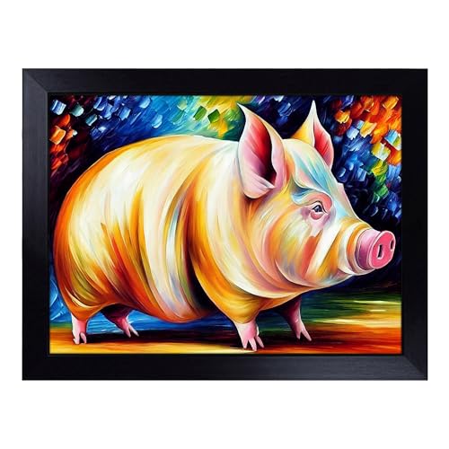 Lap Tray with Bean Bag Cushion, Pig Painting Abstract - Handmade in the UK, Raised Wooden Edge, Padded Cushion, Heat-Resistant Wipe-Clean Surface, for Meals, Laptops and Crafts