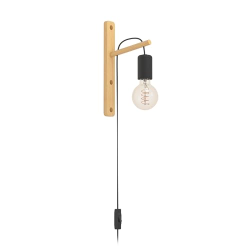 Eglo Indoor wall lamp Pockley, Height-Adjustable wall Light Fixture with Plug and Switch, Light-Coloured Wood and Black Metal, FSC Certified, E27 Socket
