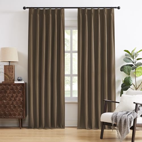 "DUALIFE Chocolate Brown Pinch Pleated Blackout Curtains 63 Inches Long, Back Tab with Hooks, Linen Full Black Out Thermal Insulated Track Curtain for Bedroom Living Room,40"" Wx63 L, 2 Panels"