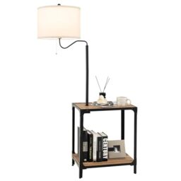 GiantexUK Floor Lamp with Table, Narrow Side End Table with 360° Rotatable Reading Light Lamp Attached, 2 USB Ports & Linen Fabric Lampshade, Bedside Nightstand Lamp for Living Room Bedroom