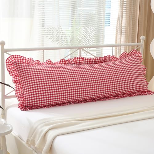 "K MASANIJI Red White Plaid Gingham Body Pillow Cover with Ruffles, 100% Washed Cotton Rustic French Country Vintage Pillow Shams for Bed/Sofa - 20""x54"""