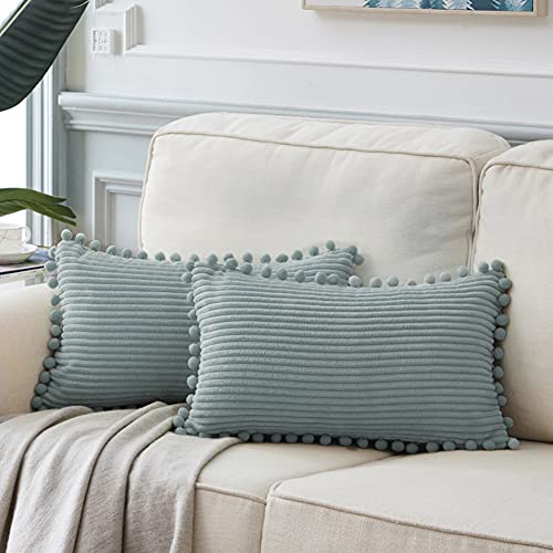 Fancy Homi Pack of 2 Farmhouse Lumbar Decorative Throw Pillow Covers with Pom-poms, Soft Corduroy Solid Rectangle Cushion Cases Set for Couch Sofa Bedroom Living Room (12x20 Inch/30x50 cm, Grey Blue)