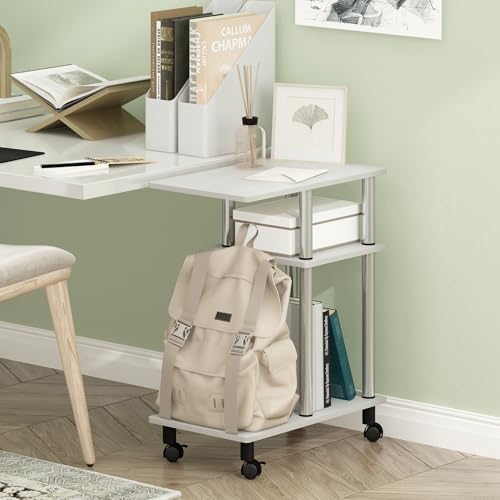 Furinno TURN-N-TUBE Side Table, 3-Tier C-Shape End Table with Wheels, Toolless Assembly Night Stand, Bedside Table with Open Shelf, for Living Room, Bedroom, White Oak/Stainless Steel