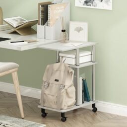 Furinno TURN-N-TUBE Side Table, 3-Tier C-Shape End Table with Wheels, Toolless Assembly Night Stand, Bedside Table with Open Shelf, for Living Room, Bedroom, White Oak/Stainless Steel