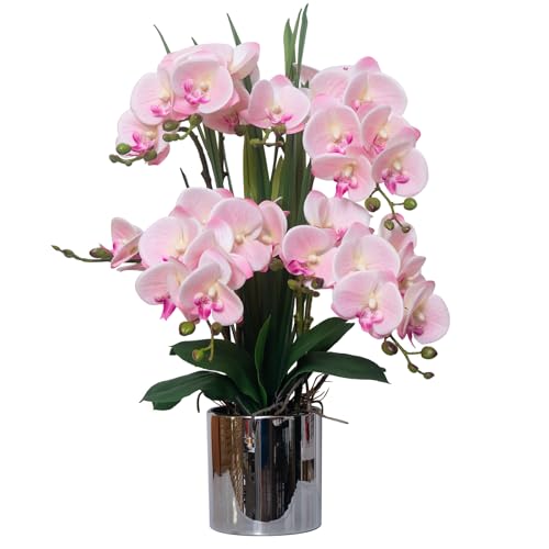 CXGS Artificial Orchid Flower Plants Real Touch Faux Orchids in Ceramic Vase 20.9'' Pink Phalaenopsis Orchid Fake Flower Arrangement Home Indoor Decor