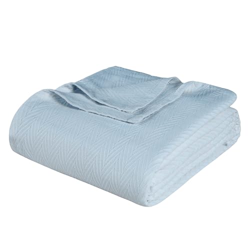Superior Metro All-Season Cotton Blanket, Woven Blanket for Couch, Bed, Bedding, Farmhouse, Home Essentials, Cute and Cozy Bohemian Blankets, Herringbone Weave, Throw Size, Light Blue