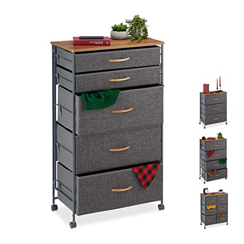 Relaxdays Chest of Drawers on Castors, 5 Fabric Drawers, Decor Fabric Stand, Wood Look, HWD 96.5 x 58 x 30 cm, Grey