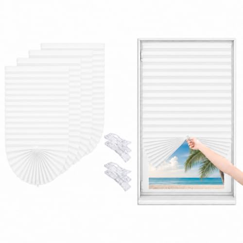 4Pcs No Drill Temporary Blinds Stick on with 2 Clips, 60cm x 150cm, White - Pleated Paper Window Cover, Light Filtering Shade, Privacy Protection Bedroom Kitchen Bathroom, Easy Fit and Install