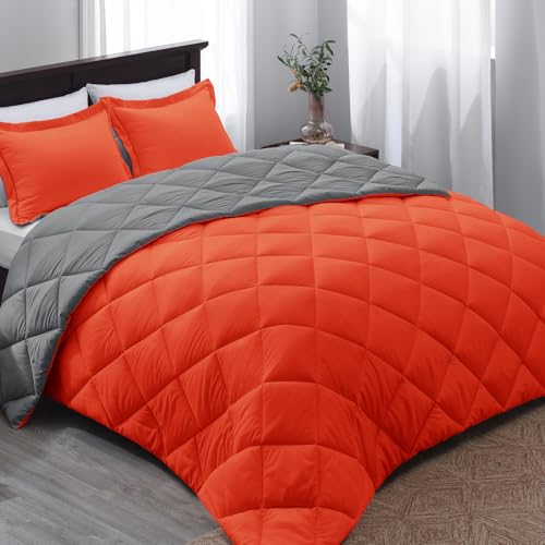 "Basic Beyond Queen Comforter Set - Orange Comforter Set Queen, Reversible Bed Comforter Queen Set for All Seasons, Flame/Charcoal Gray, 1 Comforter (88""x92"") and 2 Pillow Shams (20""x26""+2"")"