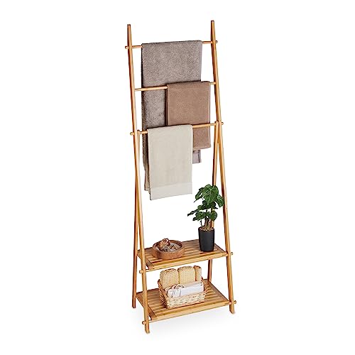 Relaxdays Towel Stand Bamboo, 3 Bars, 2 Storage Shelves, HWD: 153 x 53.5 x 30 cm, Free-Standing, Bathroom Rack, Natural