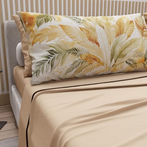PETTI Artigiani Italiani - Double Bed Sheets Cotton with Pillowcases in Digital Print, Double Bed Sheet, Beige Olive Palm Pattern, 100% Made in Italy