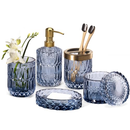 EMPO Clear Glass Bathroom Accessory Set (Lotion, Soap Dispenser, Soap Dish, Toothbrush Holder, Glass, Cotton Swab Jar), Contemporary Modern Accessories Crystal Vintage Gift, 6 Pieces, Blue