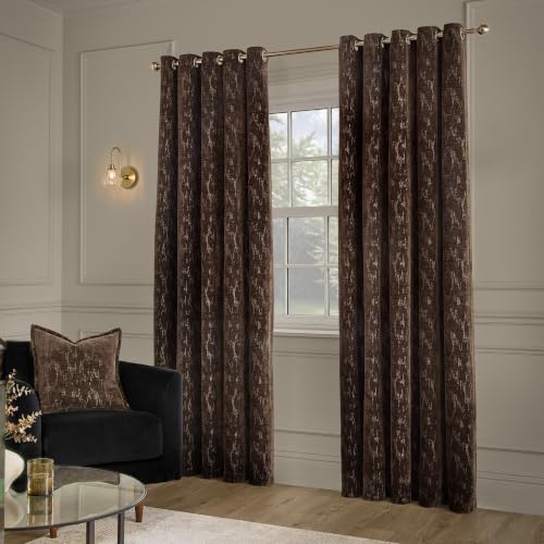 Paoletti Aurelio Eyelet Curtain Pair (Chocolate - 117x137cm) - Woven Jacquard Chenille Soft Texture Abstract Room Darkening Lined Curtains