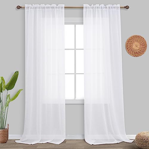 KOUFALL White Sheer Curtains 96 Inches Long 2 Panel Set Drapery Faux Linen Rod Pocket Shabby Chic Curtains for Bedroom Living Room 96 Inch Length