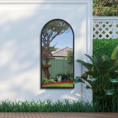 "MirrorOutlet The Arcus - Black Metal Framed Modern Arched Garden Wall Mirror 47"" X 23.5"" (120CM X 60CM) Black. 2cm Wide Frame and 3cm Deep"