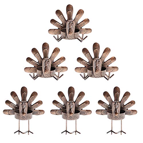 MorTime Turkey Tealight Candleholders, Thanksgiving Tabletop Sitting Standing Turkey Tea Light Candle Holders, Decorative Bronze Finished Metal Turkey Holders Set for Thanksgiving Decorations (6 pc)