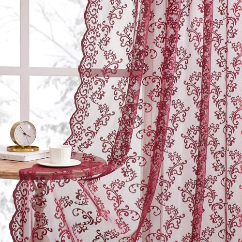 FOLKSIDE Lace Curtains Set of 2 for Bedroom Living Room Drawstring Light Filtering Romantic Sheer Lace Curtains Maroon French 52 x 63 Inch Burgundy