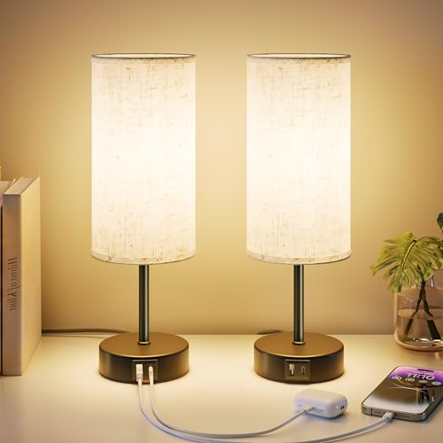 UPXNBOR Bedside Lamps Set of 2, Touch Table Lamps for Bedroom, Living Room - Desk Lamp with USB A+C Charging Ports, 3-Way Dimmable Touch Lamp, Warm Light, Linen Shade, 1.5 m Cable, E27 Incl., Black