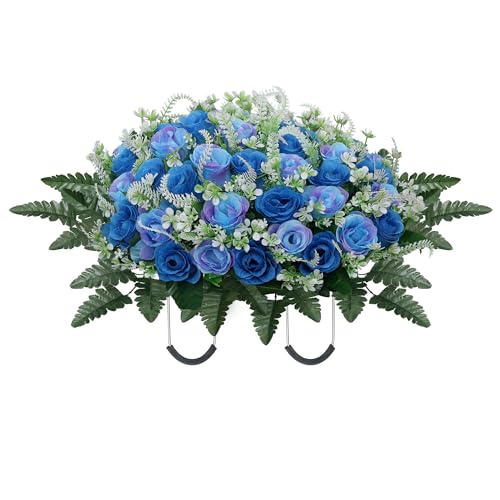 Headstone Flower Saddle,Large Artificial Cemetery Flowers for Grave,Cemetery Memorial Flowers for Outdoor Tombstone Decorations (Blue)