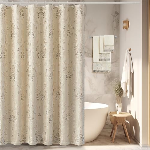 Loom and Mill Textured Fabric Shower Curtain Set with 12 Metal Hooks, Elegant Damask Floral Bathroom Shower Curtain Sets, Waterproof Heavyweight Shower Curtain for Home Bathroom(72x72,Light Apricot)