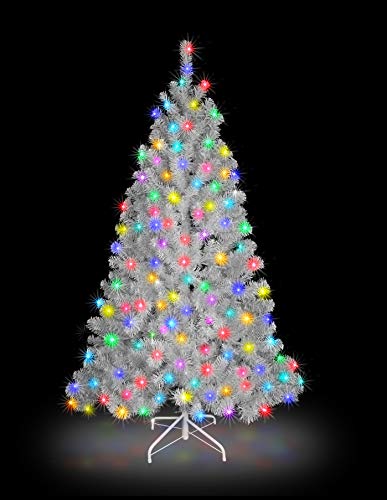 """SHATCHI 7ft/2.1m Pre-Lit Artificial Christmas Tree Alaskan Pine White 800 Tips-200 Multicolour LEDs Metal Stand Xmas Home Decorations, 210cm"""