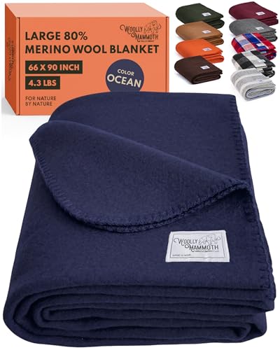 Woolly Mammoth Woolen Company Picnic Blanket - 66 x 90 in, Navy Blue Wool - Extra Thick Merino Wool Camping Quilt & Waterproof Picnic Throw - Thermal Extra Warm Giant Outdoor Camping Blanket