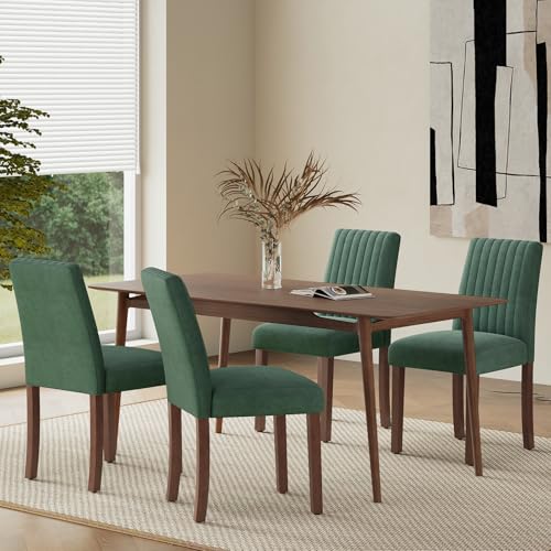 COLAMY Dining Chairs Set of 4 with Thick Seat Cushion, Fabric Chairs for Dining Room with Wood Legs and Ergonomic High Back, Upholstered Kitchen Chair with Anti-Slip Pads, Green