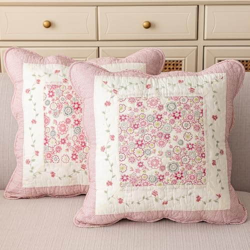 "vctops Set of 2 Quilted 100% Cotton Boho Throw Pillow Covers 18"" x 18"" Farmhouse Country Floral Patchwork Decorative Cushion Cover, Patchwork Flower L"