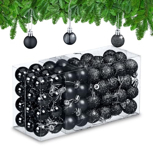 Relaxdays Christmas Baubles Set of 96, Glittering, Matt and Sparkles, Plastic, Traditional Spheres, Decorations, Black